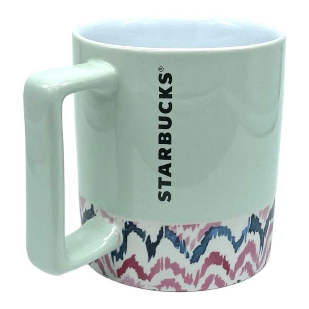 STARBUCKS 2017 Mint Green Watercolor Zigzag Ceramic Coffee Cup Mug 12 oz Pastel